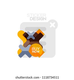 Geometrisches Flachdesign-Cross-Form-Sticker-Symbol, Papierstil-Design mit Kaufen jetzt Beispieltext, für Geschäfts- oder Webpräsentationen, App- oder Schnittstellenschaltflächen, Banner und Etiketten von Internetseiten