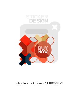 Icono de pegatina geométrica de diseño plano cruzado, diseño de estilo de papel con texto de ejemplo de compra ahora, para presentación de negocios o web, botones de aplicación o interfaz, banderas y etiquetas de tienda de sitios web de Internet