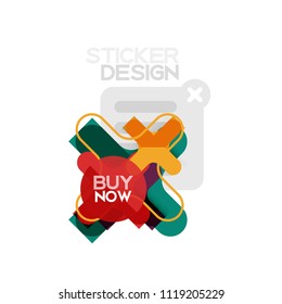 Flat design cross shape geometric sticker icon, paper style design with buy now sample text, for business or web presentation, app or interface buttons, internet website store banners and labels