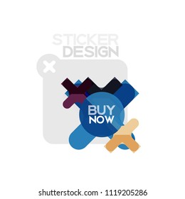Flat design cross shape geometric sticker icon, paper style design with buy now sample text, for business or web presentation, app or interface buttons, internet website store banners and labels