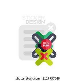 Flat design cross shape geometric sticker icon, paper style design with buy now sample text, for business or web presentation, app or interface buttons, internet website store banners and labels