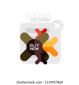 Icono de pegatina geométrica de diseño plano cruzado, diseño de estilo de papel con texto de ejemplo de compra ahora, para presentación de negocios o web, botones de aplicación o interfaz, banderas y etiquetas de tienda de sitios web de Internet