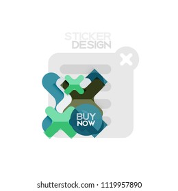 Icono de pegatina geométrica de diseño plano cruzado, diseño de estilo de papel con texto de ejemplo de compra ahora, para presentación de negocios o web, botones de aplicación o interfaz, banderas y etiquetas de tienda de sitios web de Internet