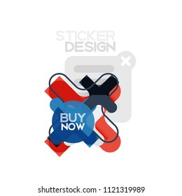 Flat design cross shape geometric sticker icon, paper style design with buy now sample text, for business or web presentation, app or interface buttons, internet website store banners and labels