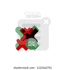 Flat design cross shape geometric sticker icon, paper style design with buy now sample text, for business or web presentation, app or interface buttons, internet website store banners and labels