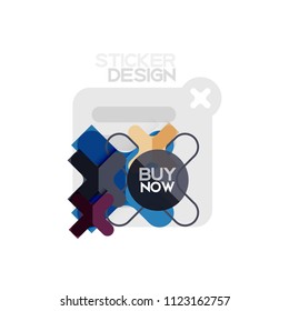 Icono de pegatina geométrica de diseño plano cruzado, diseño de estilo de papel con texto de ejemplo de compra ahora, para presentación de negocios o web, botones de aplicación o interfaz, banderas y etiquetas de tienda de sitios web de Internet