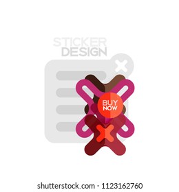 Ícone de adesivo geométrico de forma transversal de design plano, design de estilo de papel com texto de amostra de comprar agora, para apresentação na Web ou em negócios, botões de aplicativo ou interface, banners e rótulos de loja de sites da internet