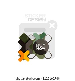 Icono de pegatina geométrica de diseño plano cruzado, diseño de estilo de papel con texto de ejemplo de compra ahora, para presentación de negocios o web, botones de aplicación o interfaz, banderas y etiquetas de tienda de sitios web de Internet