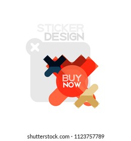 Flat design cross shape geometric sticker icon, paper style design with buy now sample text, for business or web presentation, app or interface buttons, internet website store banners and labels