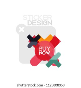 Geometrisches Flachdesign-Cross-Form-Sticker-Symbol, Papierstil-Design mit Kaufen jetzt Beispieltext, für Geschäfts- oder Webpräsentationen, App- oder Schnittstellenschaltflächen, Banner und Etiketten von Internetseiten