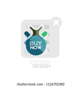 Flat design cross shape geometric sticker icon, paper style design with buy now sample text, for business or web presentation, app or interface buttons, internet website store banners and labels