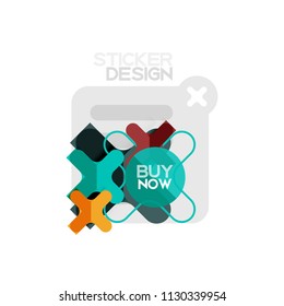 Icono de pegatina geométrica de diseño plano cruzado, diseño de estilo de papel con texto de ejemplo de compra ahora, para presentación de negocios o web, botones de aplicación o interfaz, banderas y etiquetas de tienda de sitios web de Internet