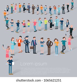 Flat design croud of people waiting in line vector presentation and web promotional banner template.