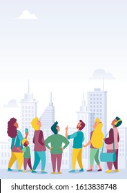 Flat design of a crowd of people looking up at your message or product.