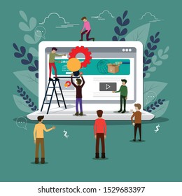  Flat design of crowdfunding concept,Young man was presenting his idea for money funding,Huge laptop surrounded by group of people,vector illustration