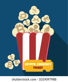Flat Design Crypto Currency Pop Corn and Ticket, Block Chain,Icon, Symbol