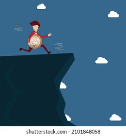 Flat design of cryptocurrency,Young man with digital coin running toward to the ravine,cryptocurrency risk 
concept - vector illustrator