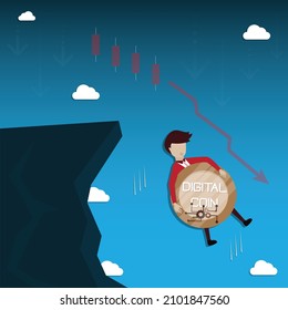 Flat design of cryptocurrency,Young man holding a digital coin fall into the ravine,cryptocurrency risk 
concept - vector illustrator