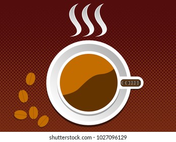 Flat Design With Cup Of Coffee And Coffee Bean On Color Background. Minimal Design Cup Of Coffee Top View. Concept For Graphic, Banners, Presentations, Reports, Wallpaper.Vector Illustration. Eps10