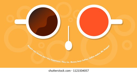 Flat Design With Cup Of  Coffee With Spoon. Coffee Quotes And Sayings For Caffeinated Thinkers. Concept For Ideas With Innovation, Creativity. For Placards,Banners,Reports. Vector Illustration. Eps10.