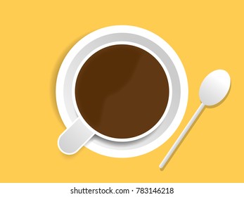 Flat Design With Cup Of Coffee And White Spoon On Yellow Background For Placards, Banners, Presentations, Reports, Card And Wallpaper. Vector Illustration. Eps 10.