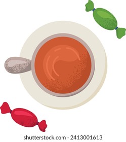 Flat design of a cup of tea or coffee with saucer, a spoon, and colorful wrapped candies. Top view of a hot beverage with sweets vector illustration.