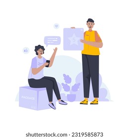 Flat design customer giving feedback and five star rating concept