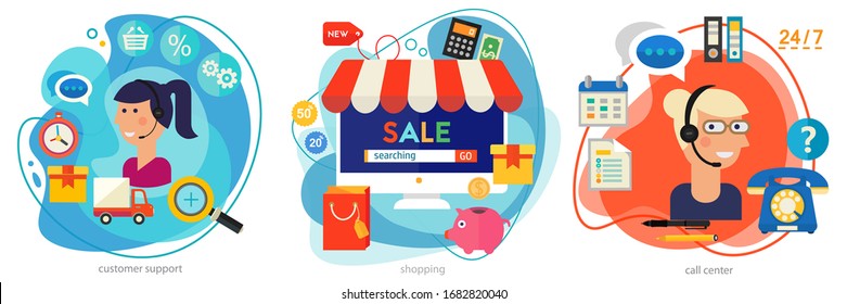 Flat design Customer And Technical Support And Call Center banners. Vector trendy illustrations