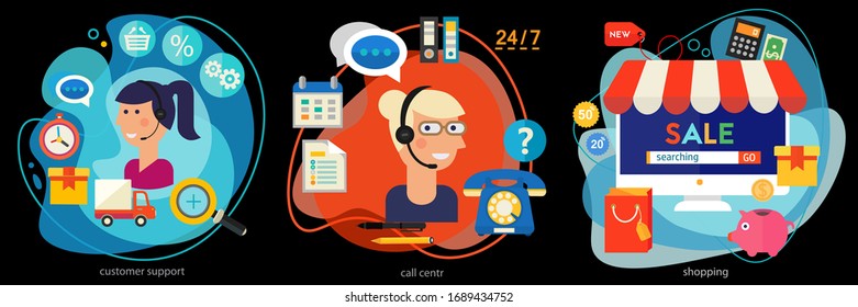 Flat design Customer And Technical Support And Call Center banners. Vector trendy illustrations