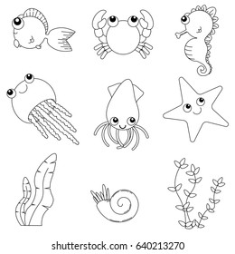 Icons Underwater World Marine Life Black Stock Vector (royalty Free 