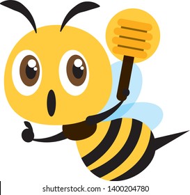 Flat design cute bee holding a honey dipper with thumb up hand sign. Flat vector illustration.