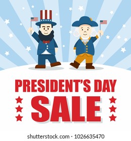 Flat Design, Cute Cartoon Abraham Lincoln And George Washington, President's Day Sale 