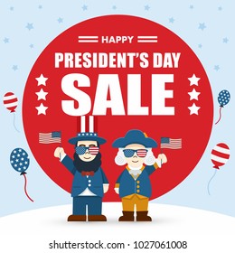 Flat design, Cute Cartoon Abraham Lincoln and George Washington, President's Day Sale