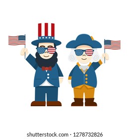 Flat design, Cute Cartoon Abraham Lincoln and George Washington wearing glasses with USA Flag, President's Day 