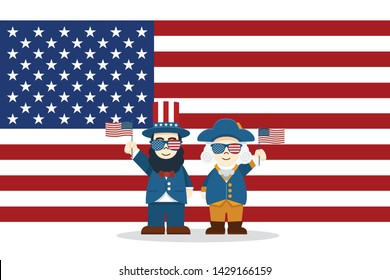 Flat design, Cute Cartoon Abraham Lincoln and George Washington, President's Day 