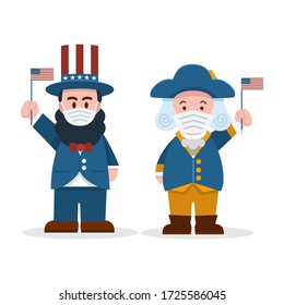 Flat design, Cute Cartoon Abraham Lincoln and George Washington wearing face masks, President's Day 