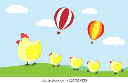 Flat design of cute cartoon of mother hen and her baby little chicks walking on grass with colorful balloons, white clouds and blue sky background. Vector Illustration.