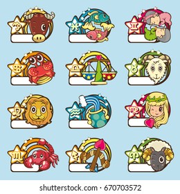 Flat design cute cartoon styles, funny horoscope, zodiac sign set. Isolated on white background.