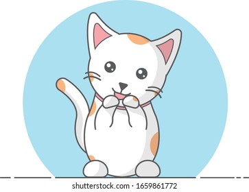 Flat design of cute cat. White cat with blue background. Flat Cartoon Style Suitable for Web Landing Page, Banner, Sticker, Background.