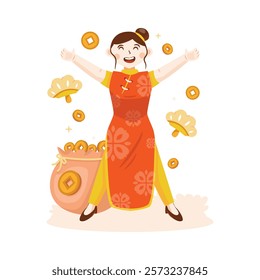 Flat design cute Chinese girl getting gold coins, Happy expression, Lunar new year celebration, vector illustration