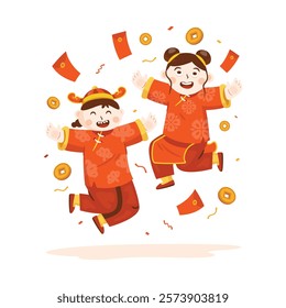 Flat design cute chinese kids getting angpao, Expression of happiness, Symbol of luck and fortune, Chinese new year celebration, Vector illustration