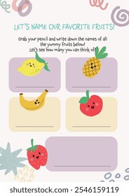 flat design cute colorful learn fruits word name printable worksheet for kids activity