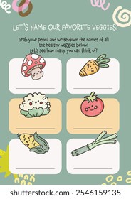 flat design cute colorful learn veggie vegetable word name printable worksheet for kids activity