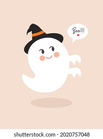 Flat design of cute  floating ghost for Halloween postcard design.