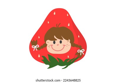 Flat design of cute Japanese strawberry girl vector, big Japanese strawberry isolated, cute Japanese girl with pigtails vector, cute strawberry mascot girl vector, flat design of red berry on white.