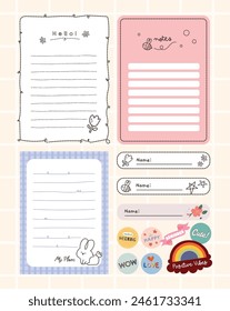 Flaches Design Nette Kawaii Journal Notizen Aufkleber und Etikett druckbare Kollektion Set