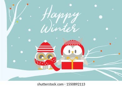 flat design, cute owl character  holding gift box, christmas season special happy winter greeting