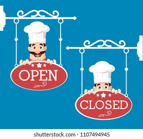 Flat Design Cute Retro Sign Board Chef  Vector Illustration