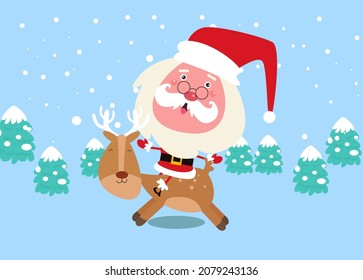 flat design cute santa character riding a reindeer
