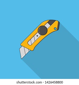 Flat design Cutter knife yellow icon on blue background - Vector